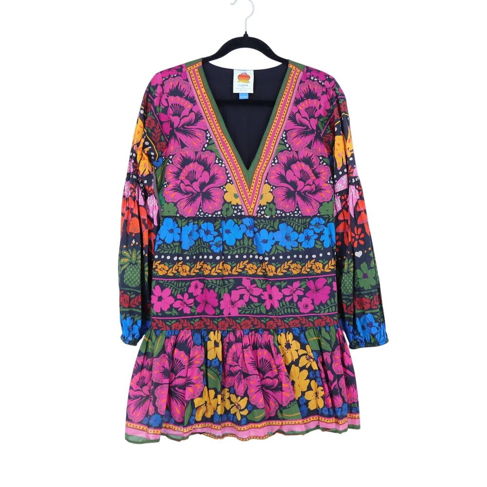 Farm Rio Puff Sleeve Tunic Mini Dress Black Multi V Neck Pullover Women's S